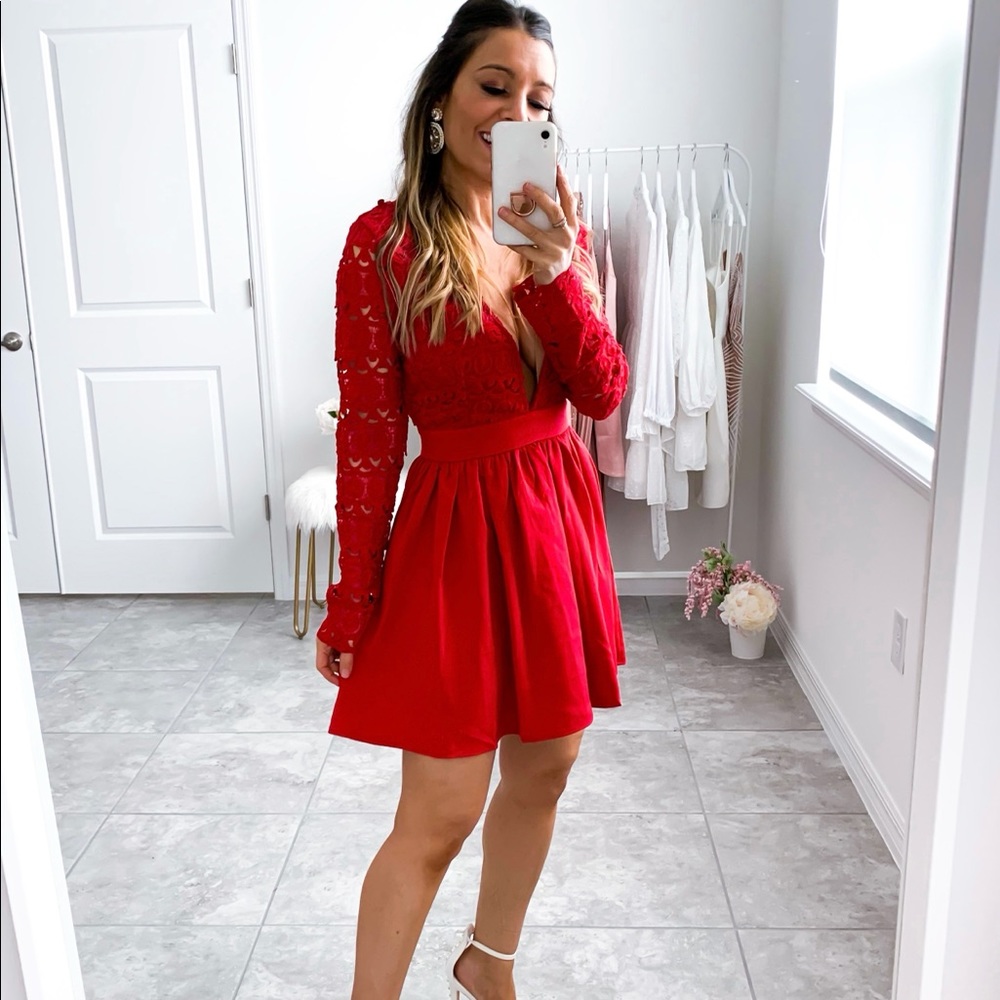 Red Plunge Guipure Lace Long Sleeve Skater Dress - Picture 16 of 16